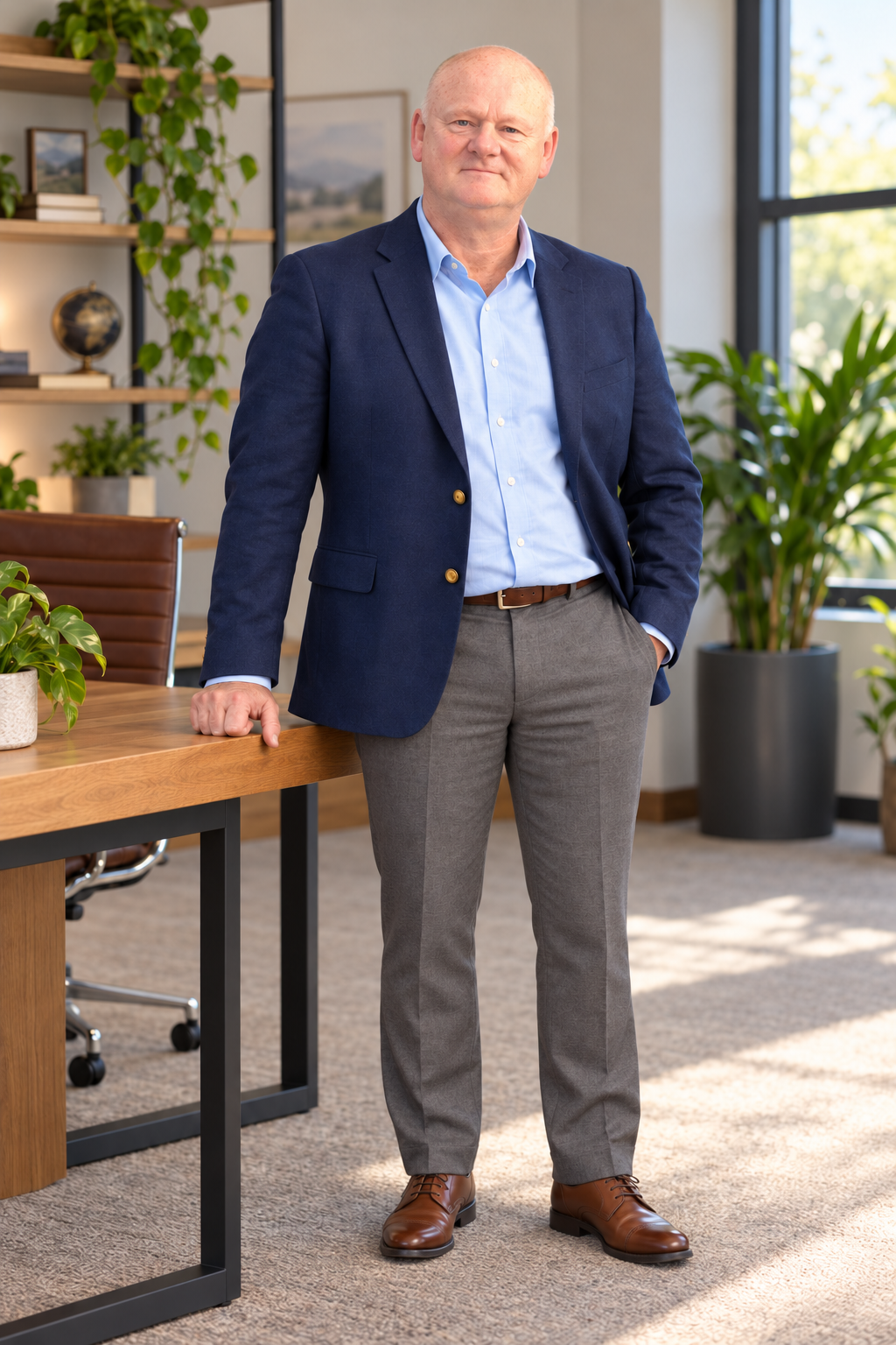 Mark Gossage in a navy blazer and grey trousers, standing in an office