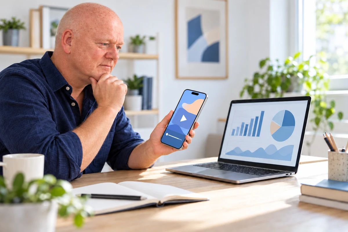 Business owner reviewing mobile advertising options on a smartphone beside campaign charts on a laptop