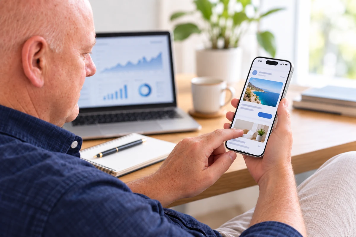 Mark presenting a mobile-friendly website on a smartphone beside the same page on a laptop